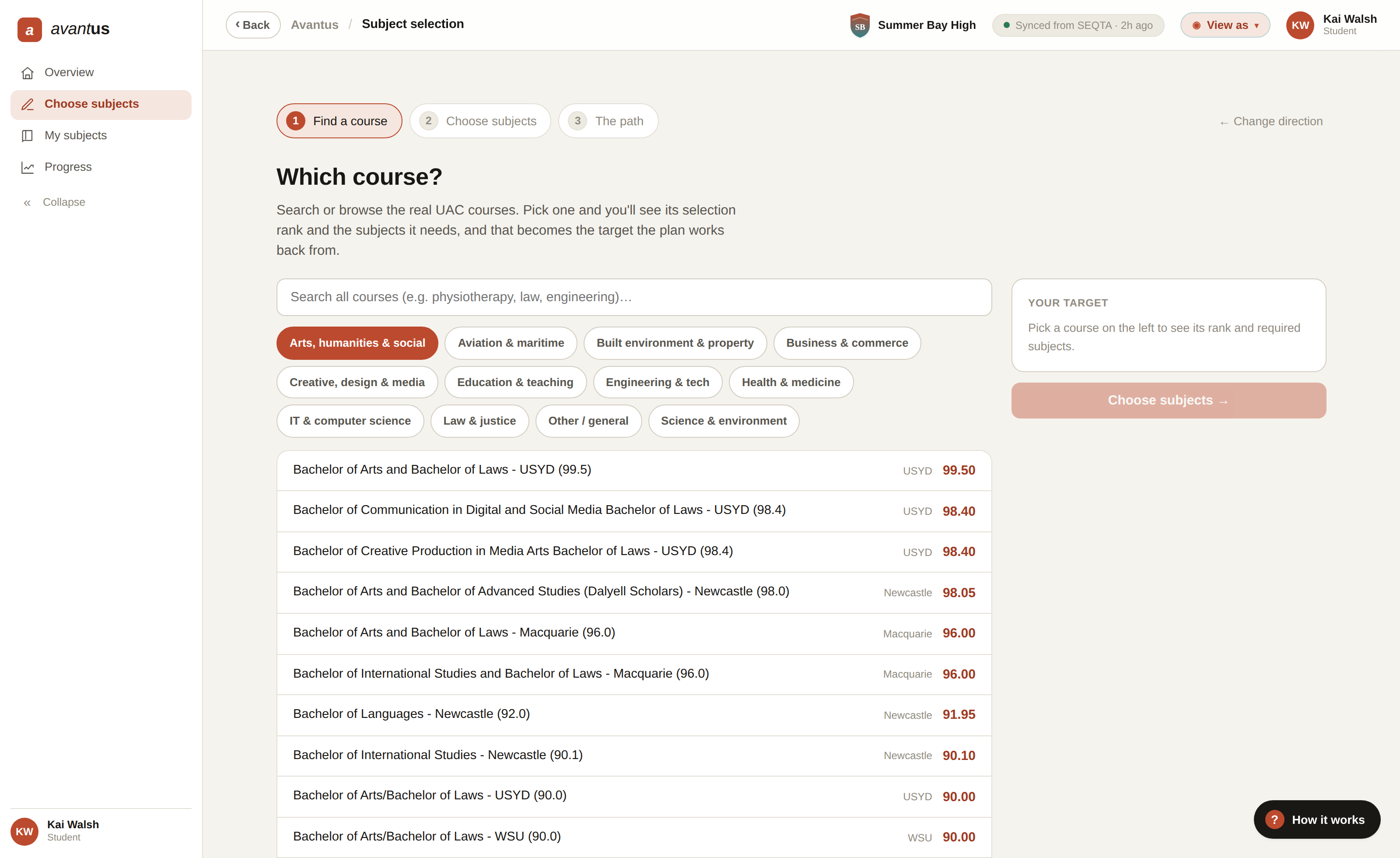 The Avantus subject-selection tool: choosing HSC subjects that work back from a chosen university course, with live unit counting